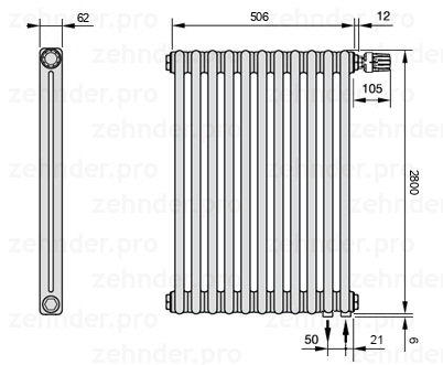 Схема (чертеж) Радиатор Zehnder Charleston 2280/11 №V002 Белый глянцевый RAL 9016